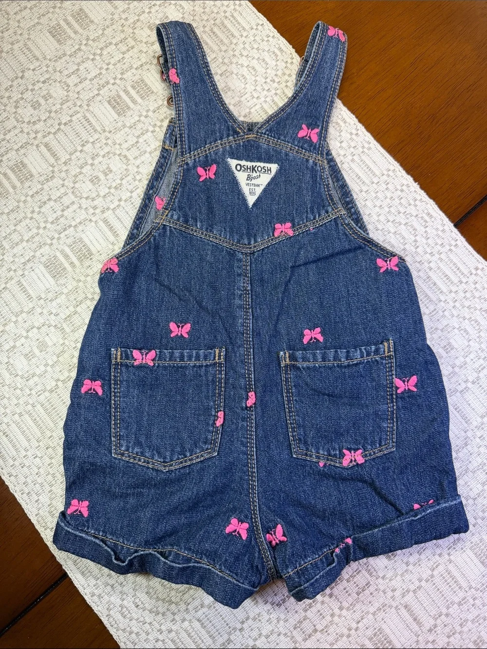 OshKosh B'gosh Denim Short Overalls with Pink Butterfly Accents